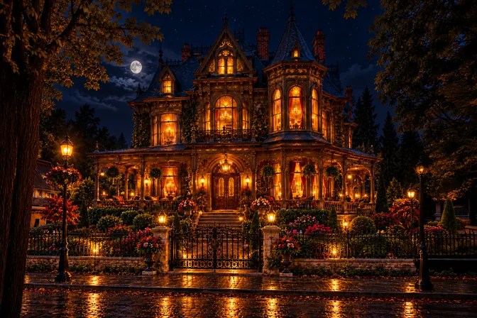 Outside the Inn at night under a full moon: lamplit windows, glowing lanterns along the garden gate, and a rain-wet street