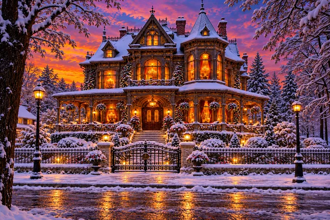Outside the Inn in snow at sunset: the house dusted white, every window lit, lanterns glowing along the snowy gate