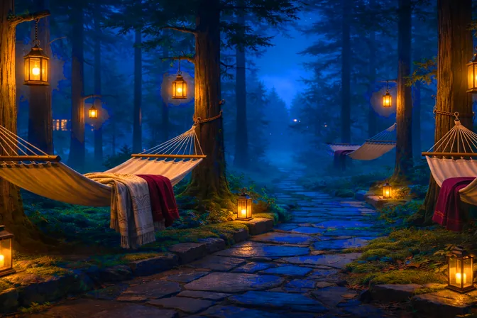Deeper in the woods at night: canvas hammocks between tall pines, lanterns glowing along a misty stone path