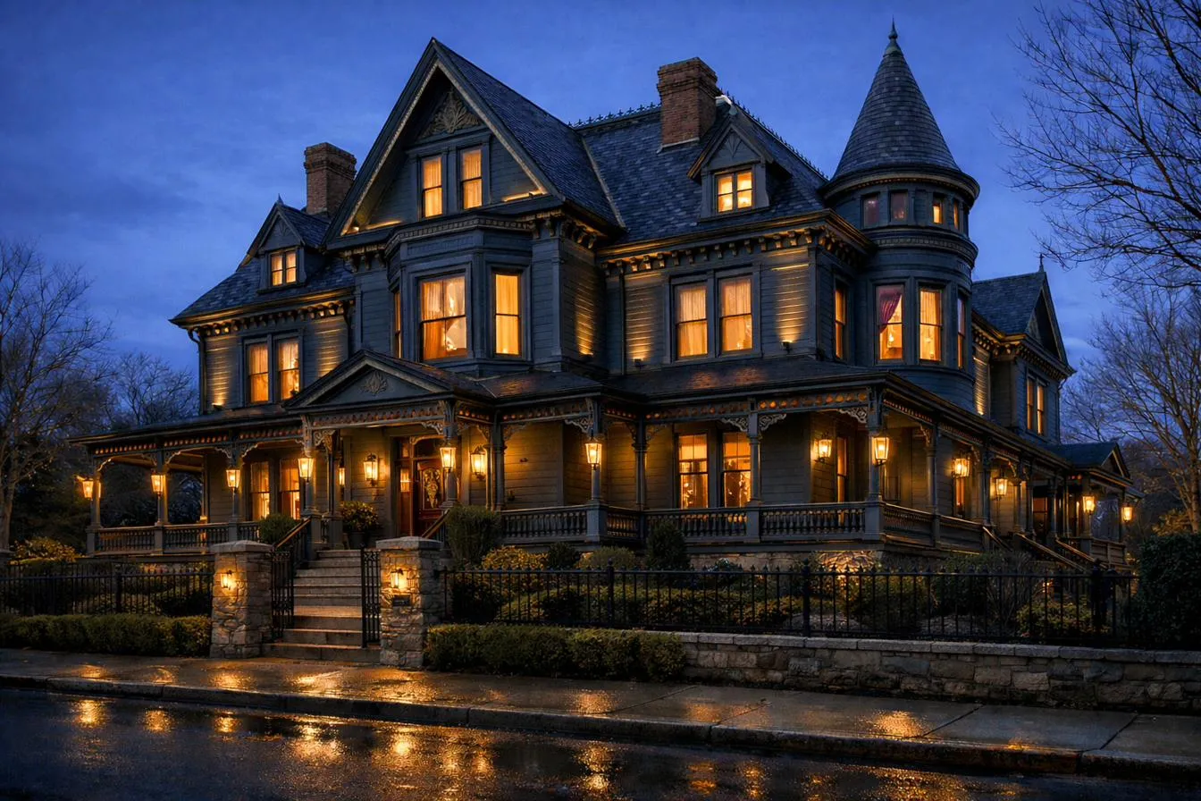 A grand Victorian inn at blue hour, every window warm with lamplight