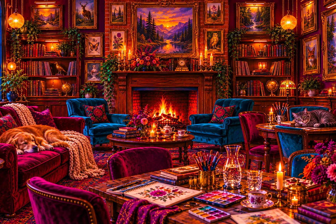 The Art Studio: a fire-lit room hung with framed paintings, Sunny asleep on a velvet sofa, Pearl curled on a side table, and a long table set with watercolors, brushes and open sketchbooks