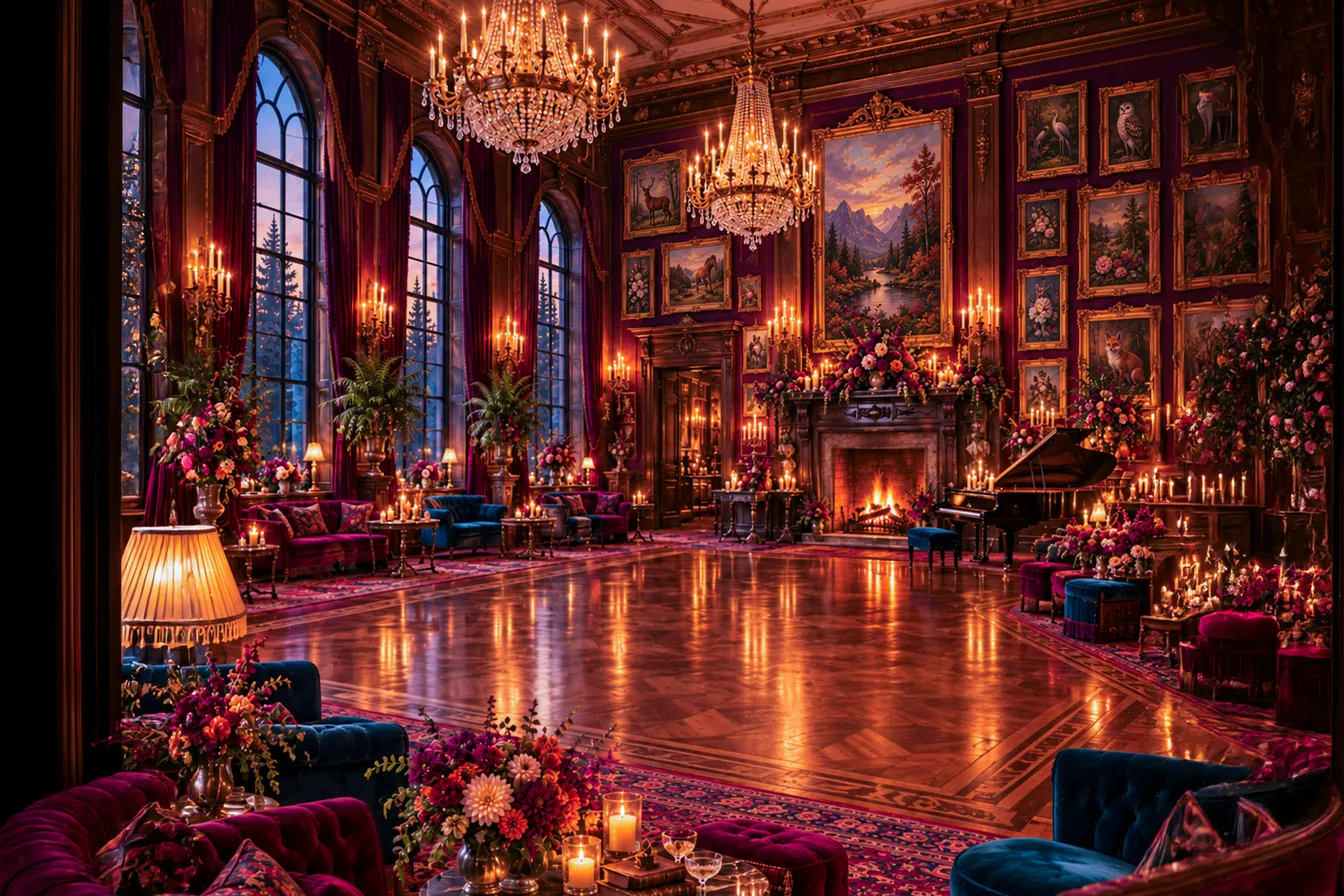 The Ballroom: a candlelit hall with crystal chandeliers, tall arched windows onto the pines, a polished parquet floor, velvet sofas, a grand piano by the fire, and walls hung with gilt-framed paintings