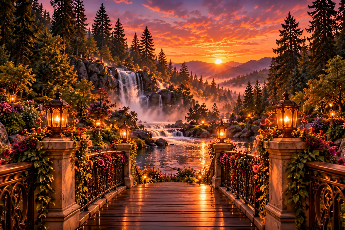 The Falls Bridge at sunset: a lantern-lit footbridge wound with flowers, looking out over a river to a waterfall in the mist, pines and mountains under a glowing sky