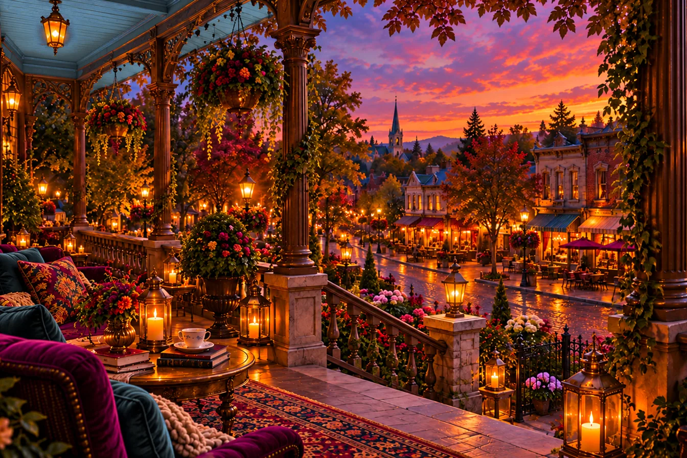 The Front Veranda at sunset: a velvet sofa, lanterns and tea on the porch, hanging flower baskets between the columns, and the lit shops of a rain-washed street with a church spire beyond
