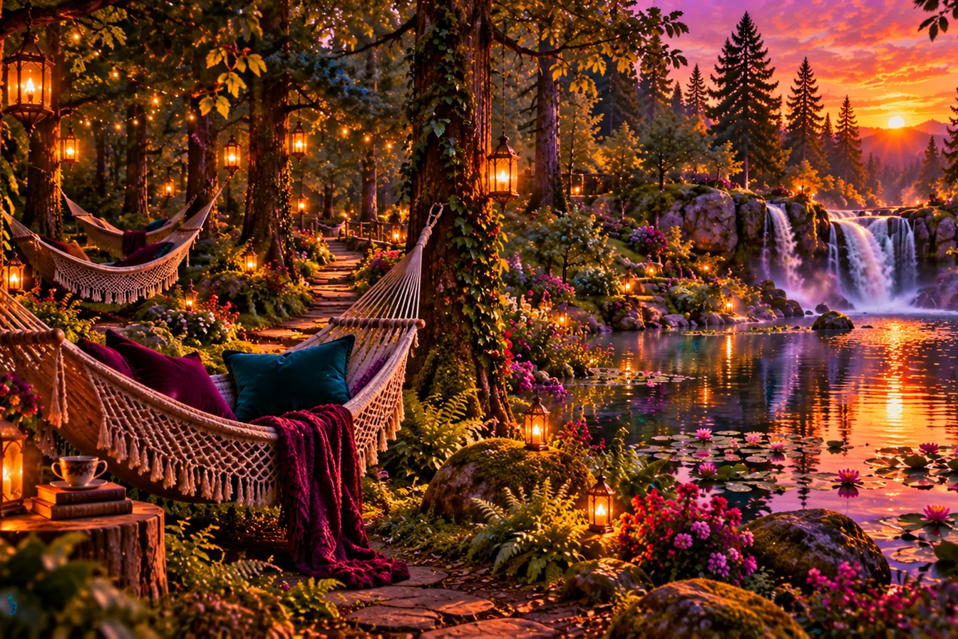 The Hammock Grove: a candlelit hall with crystal chandeliers, tall arched windows onto the pines, a polished parquet floor, velvet sofas, a grand piano by the fire, and walls hung with gilt-framed paintings