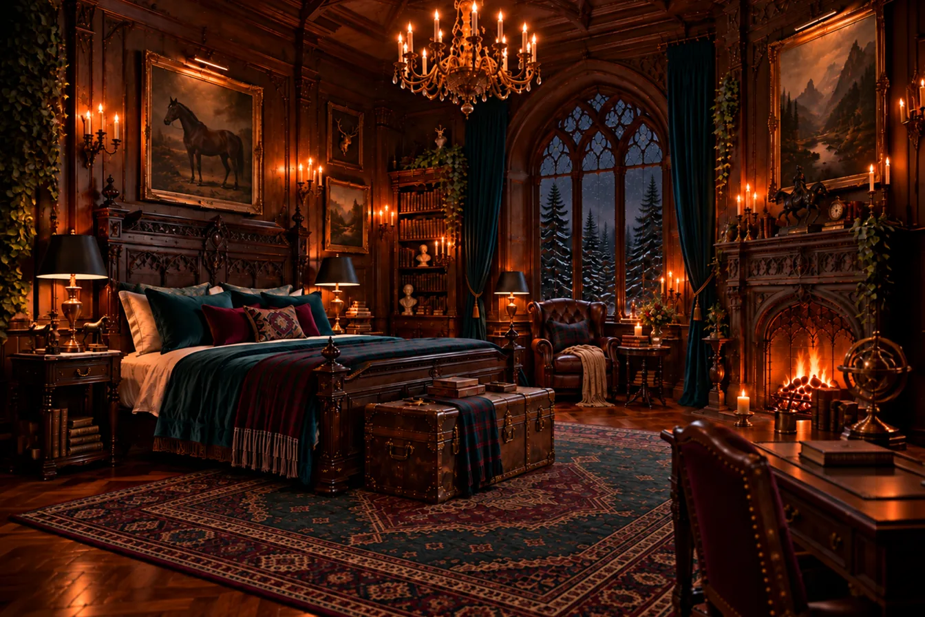 The Mountain Suite: a carved four-poster bed with teal velvet and tartan throws, a leather wingback chair by a tall arched window onto snowy pines, a crystal chandelier, a fire in a carved hearth, and oil paintings of mountains and a horse on walnut-paneled walls