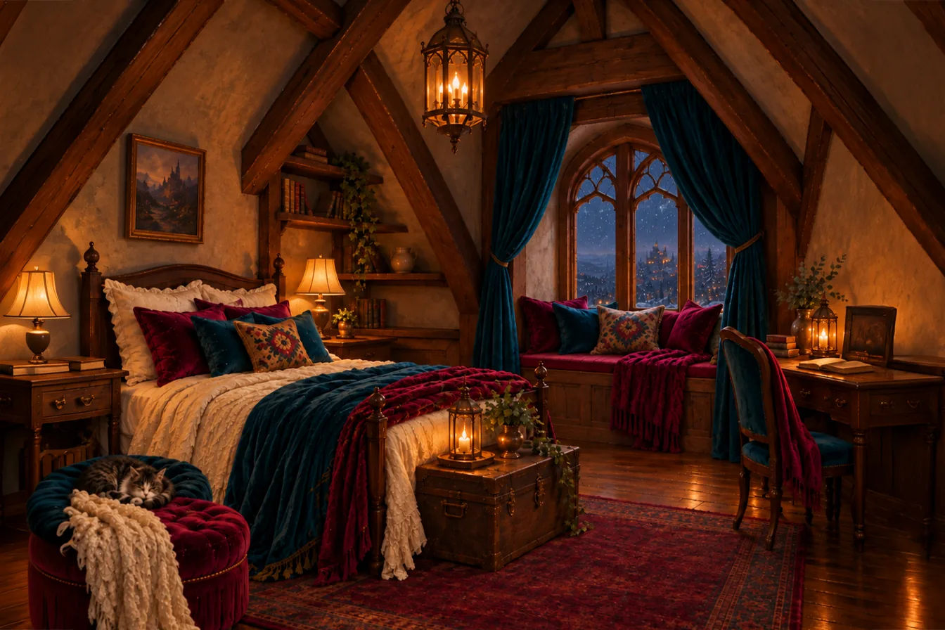 The Rafters Suite: a lamplit bed under sloping timber beams, a cat asleep on a velvet ottoman, a window seat looking out over a snowy, glowing town, and a writing desk by a lantern