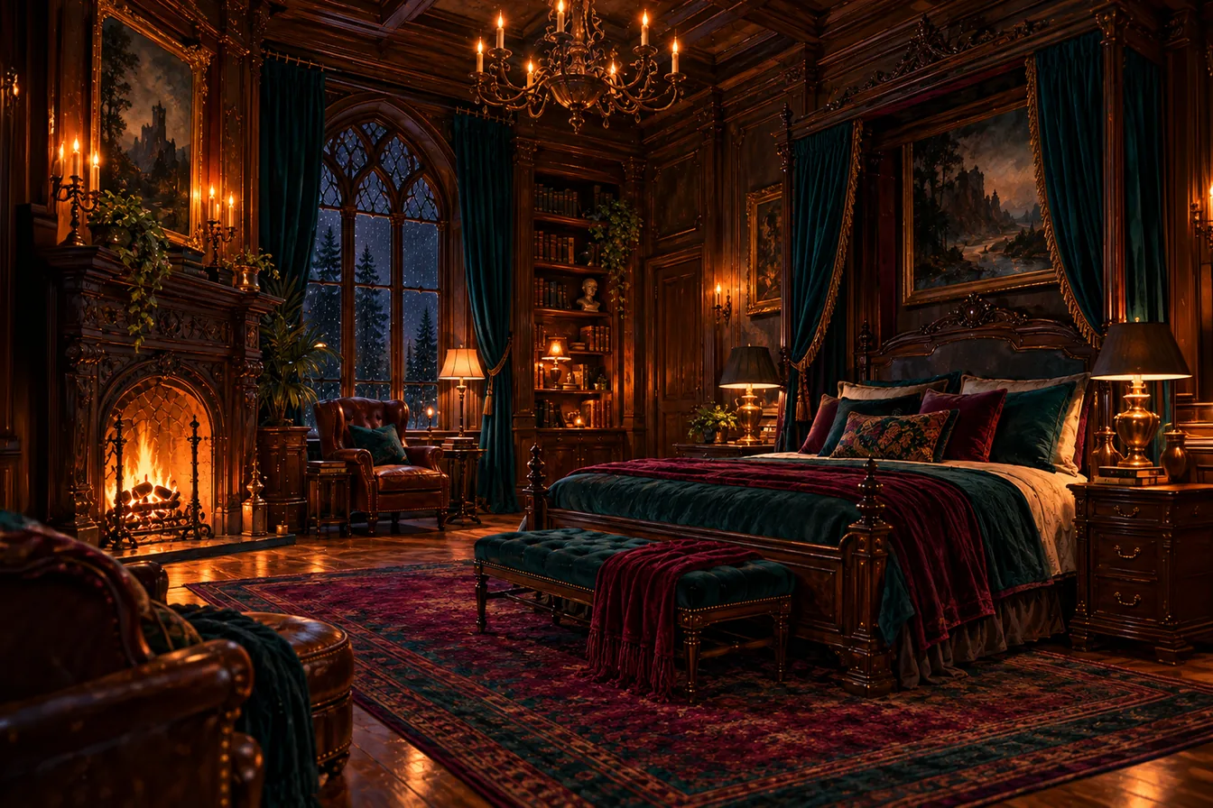 The River Suite: a canopied bed hung with teal velvet, a fire in a carved stone hearth, a leather wingback chair by a tall arched window onto rain and pines, and paintings of rivers and castles on walnut-paneled walls