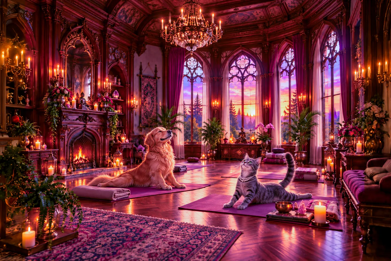The Stillness Studio: a candlelit hall with crystal chandeliers, tall arched windows onto the pines, a polished parquet floor, velvet sofas, a grand piano by the fire, and walls hung with gilt-framed paintings
