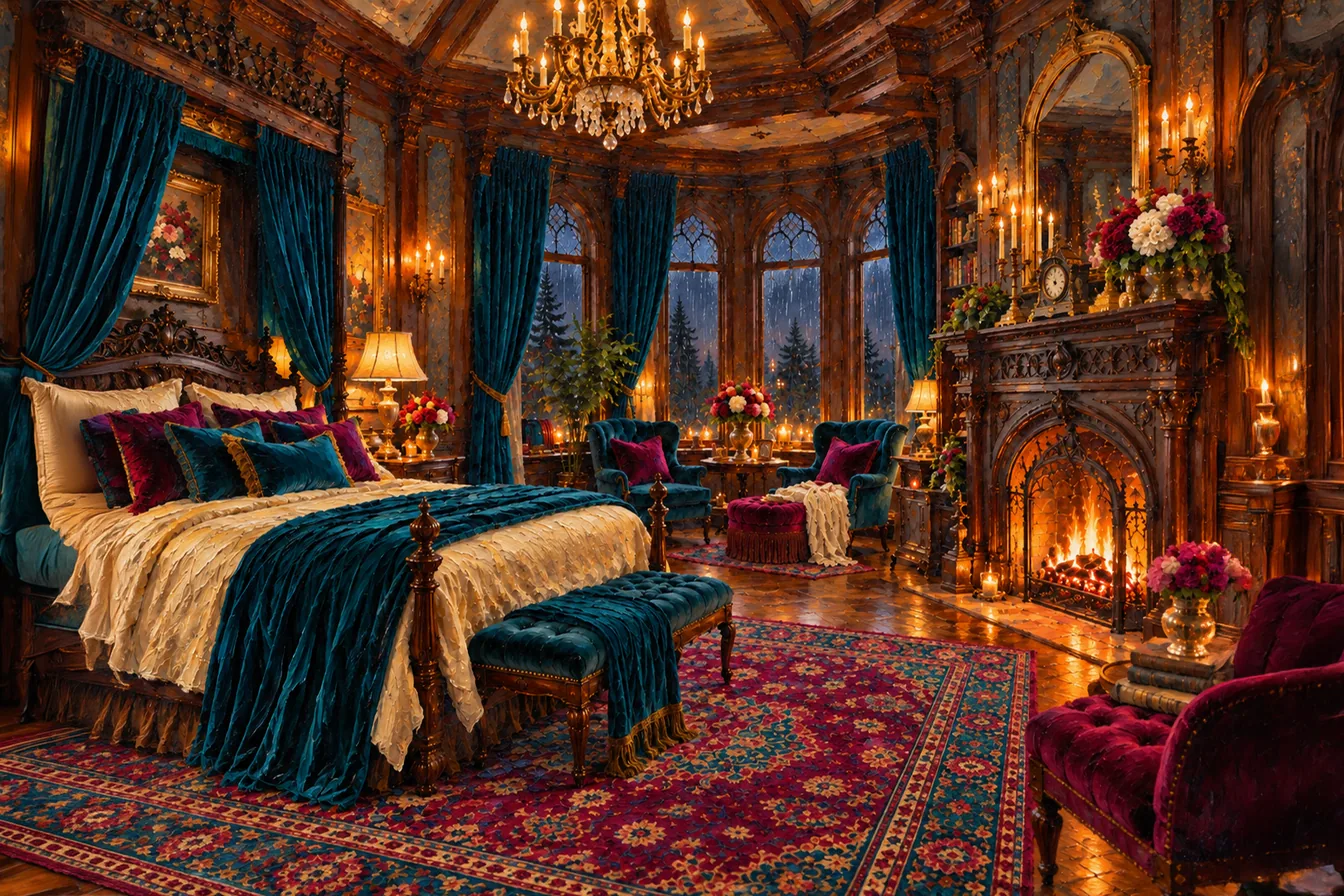 The Velvet Rain Suite: a four-poster bed hung with teal velvet, rain streaming down a curve of arched windows onto the pines, candlelight, a crystal chandelier, and a fire in a carved hearth