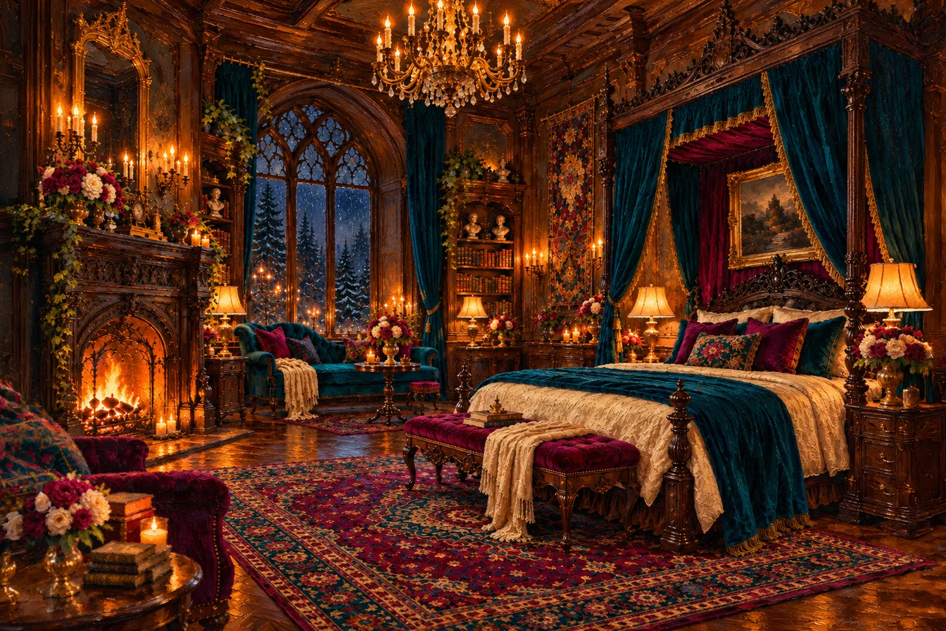 The Whispers Suite: a canopied bed hung with teal velvet and gold fringe, a fire in a carved hearth hung with ivy and roses, a velvet chaise beneath a tall arched window onto rain and pines, and candlelight from a crystal chandelier