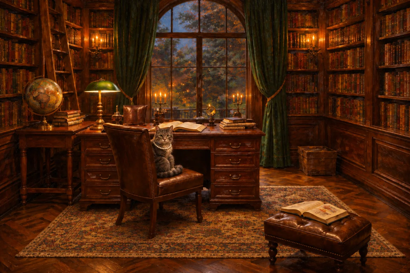 The Writing Study: a lamplit desk before a tall arched window, with Pearl sitting in the leather chair