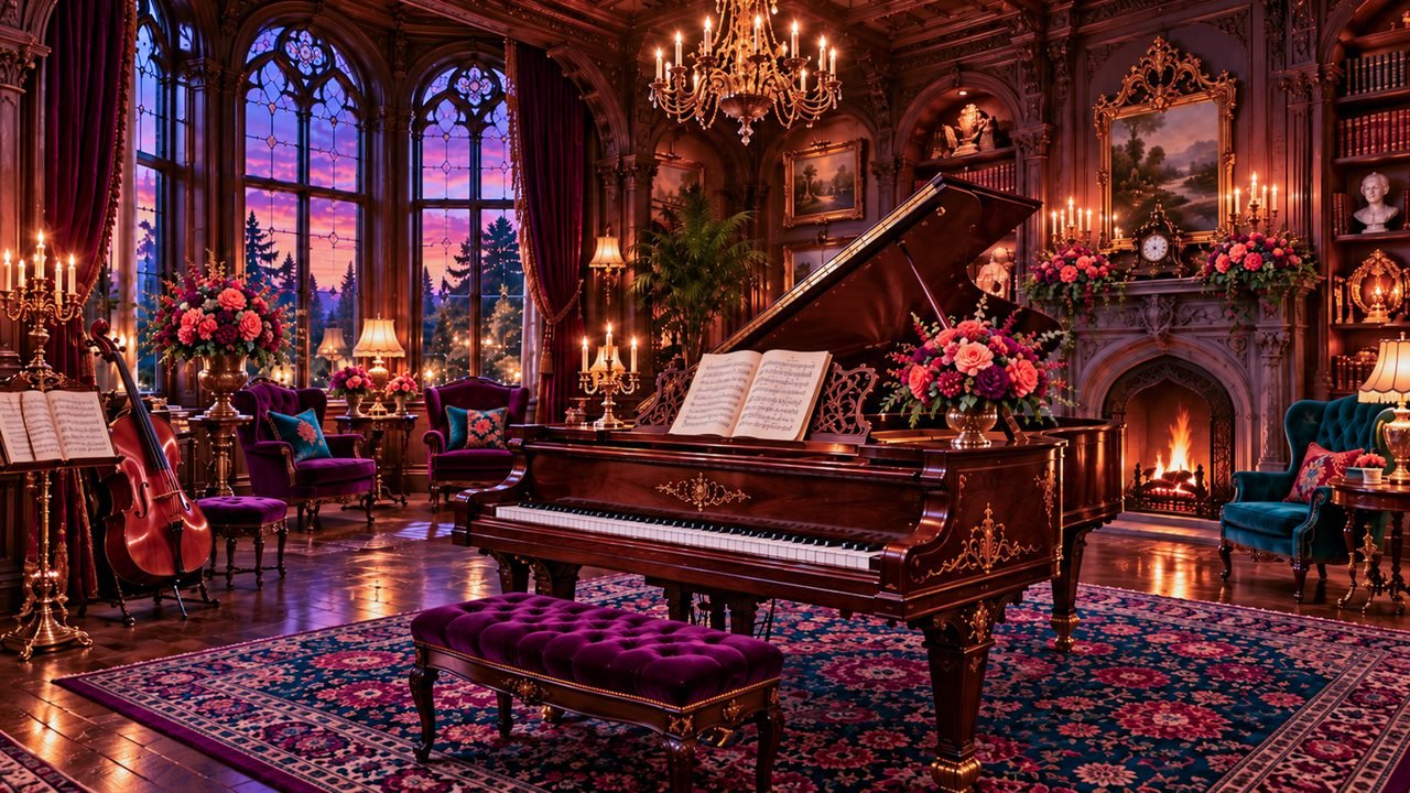 The Music Room at dusk: a walnut grand piano on a patterned rug, a velvet bench, a cello by tall arched windows, candlelight, flowers, and a fire in the hearth.