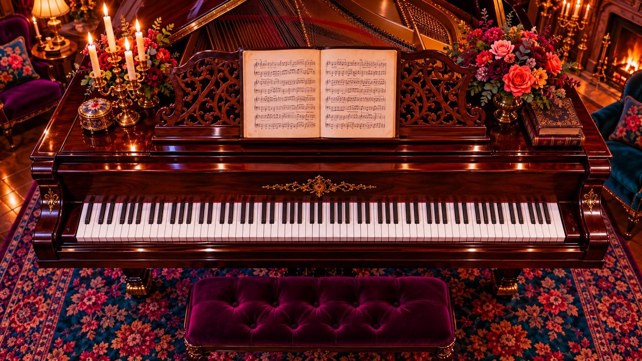 A walnut grand piano in the Music Room, seen from the bench: candles and flowers on the lid, an open book of music on the stand.
